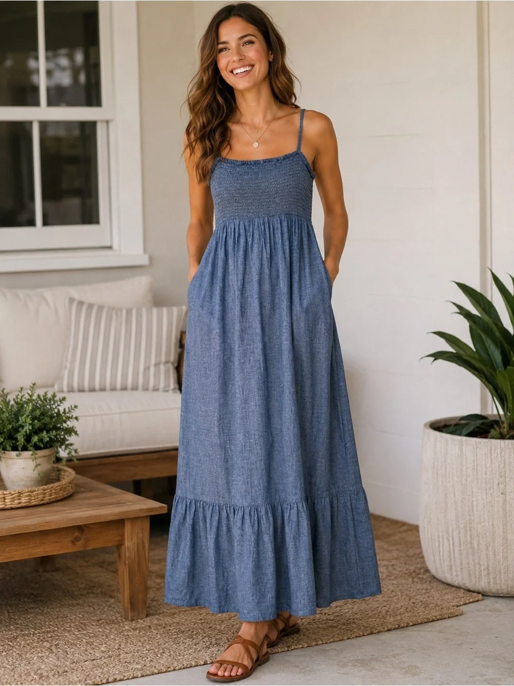 GAP Blue Smocked Linen Blend Maxi Dress Size L | Adjustable Straps | Cottagecore - Picture 1 of 4
